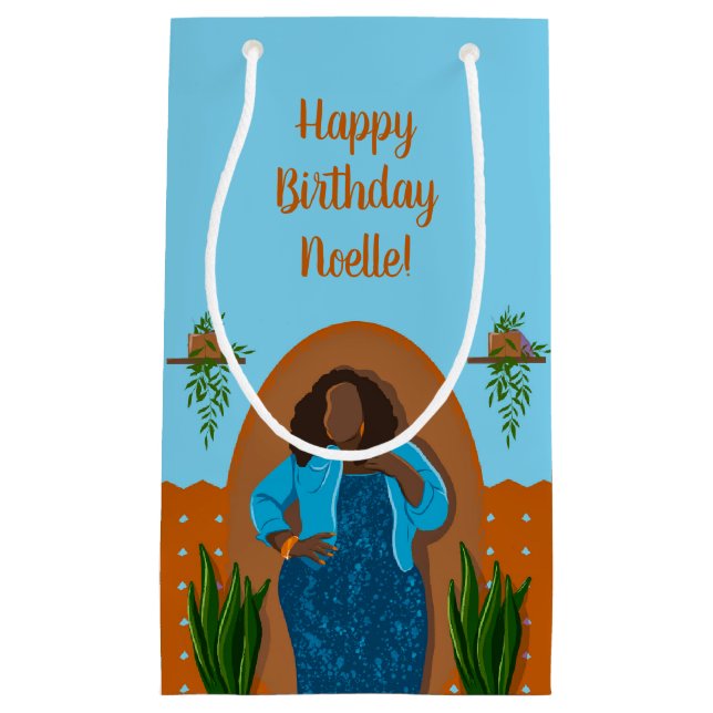 Happy Birthday! Black Woman, Orange & Blue Small Gift Bag (Front)