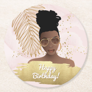Happy Birthday, Black Woman, Tropical Gold & Pink  Round Paper Coaster
