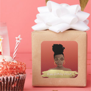 Happy Birthday! Black Woman w/Gold Shades Copper Square Sticker