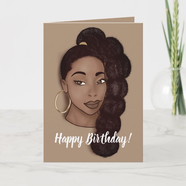 Happy Birthday, Black Woman w/Long Ponytail, Brown Card (Front)