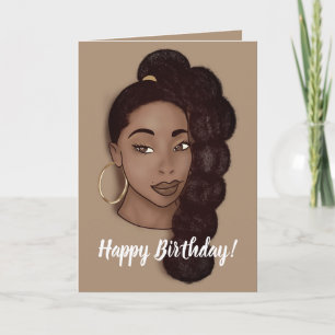 Happy Birthday, Black Woman w/Long Ponytail, Brown Card