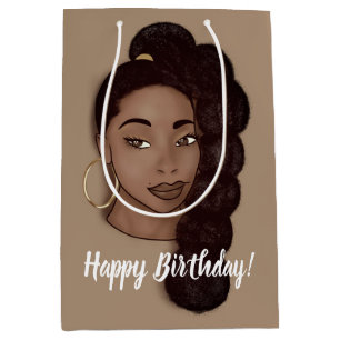 Happy Birthday, Black Woman w/Long Ponytail, Brown Medium Gift Bag