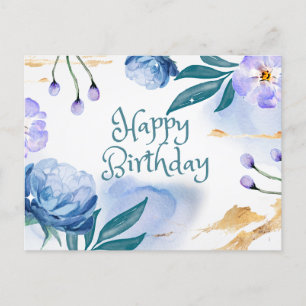 Happy Birthday Blue and Purple Watercolor Flowers Postcard