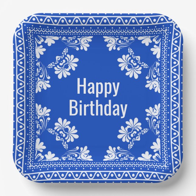 Happy Birthday Blue Bandana Paper Plate (Front)