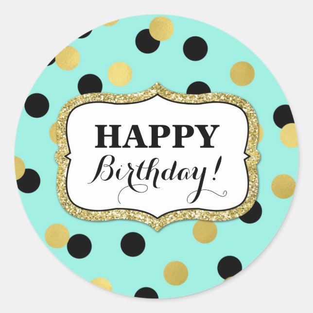 Happy Birthday Blue Black Gold Confetti Classic Round Sticker (Front)