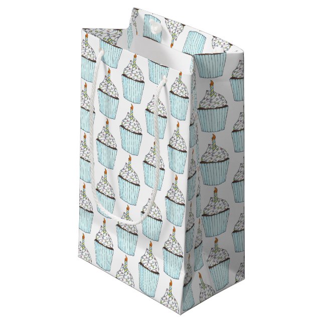Happy Birthday Blue Cupcake Sprinkles Frosting Small Gift Bag (Front Angled)