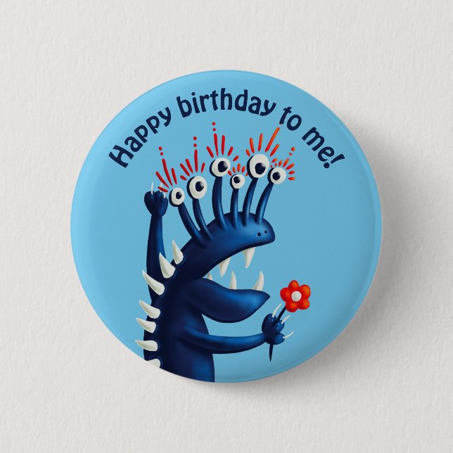 Happy birthday blue funny monster kids 2 inch round button (Front)