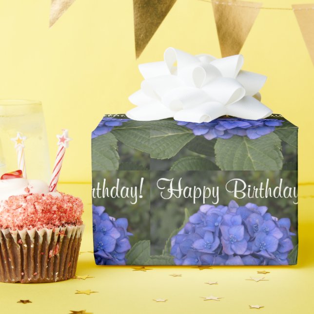 Happy Birthday Blue Hydrangea Flowers Wrapping Paper (Birthday Party)