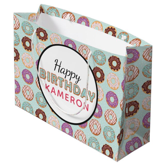 HAPPY BIRTHDAY Blue Iced Doughnuts Pattern With Na Large Gift Bag (Back Angled)