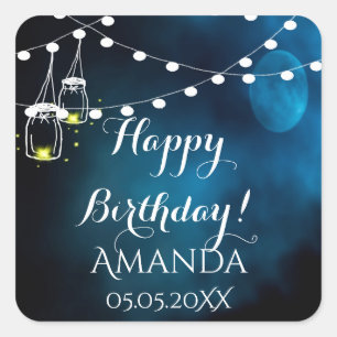 Happy Birthday blue moon light strings mason jars Square Sticker