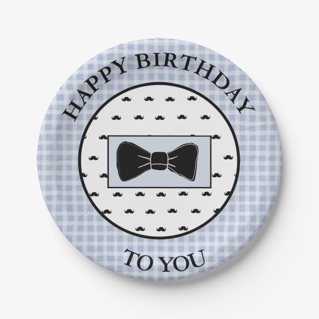 Happy Birthday Blue Moustache & Bowtie Cake Plates (Front)