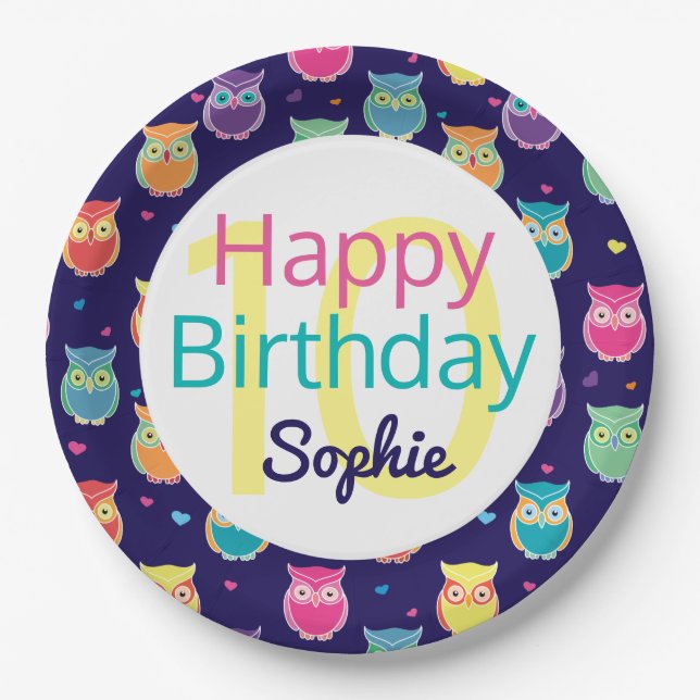 Happy Birthday Blue Owl Pattern Personalized Kids Paper Plate (Front)