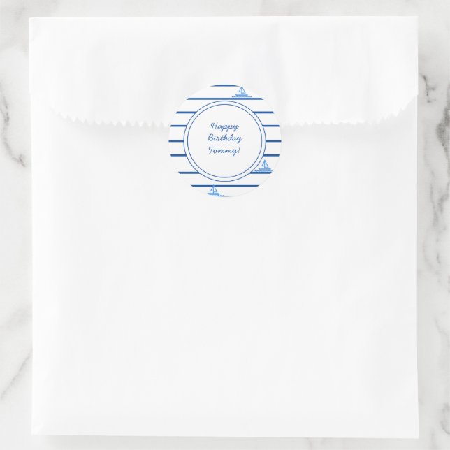Happy Birthday Blue Sail Boat and Stripes Classic Round Sticker (Bag)
