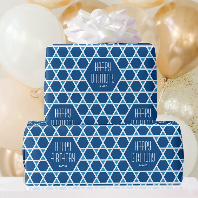 Happy Birthday Blue Star Pattern Personalized Wrapping Paper (Creator Uploaded)