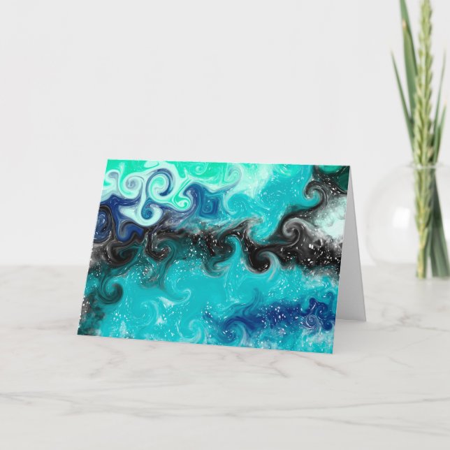 Happy Birthday Blue, Teal and Black Abstract Art Card (Front)
