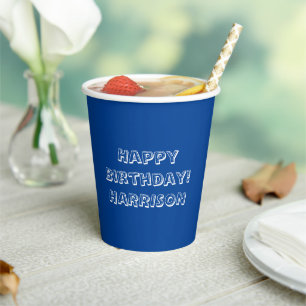 Happy Birthday blue white custom name number Paper Cups
