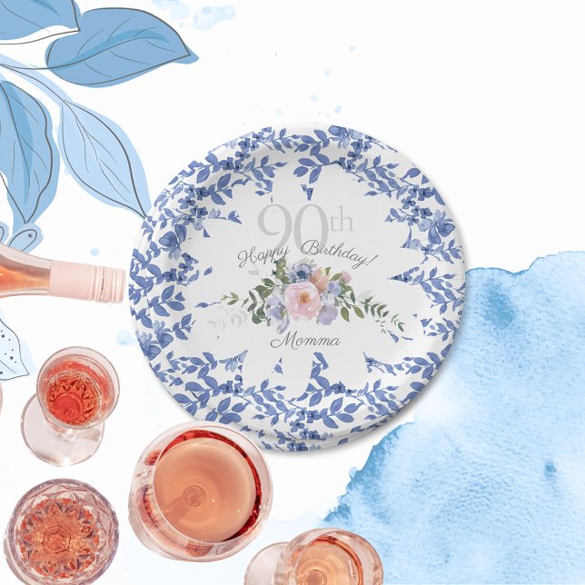 Happy Birthday Blue White Florals Paper Plate (Creator Uploaded)