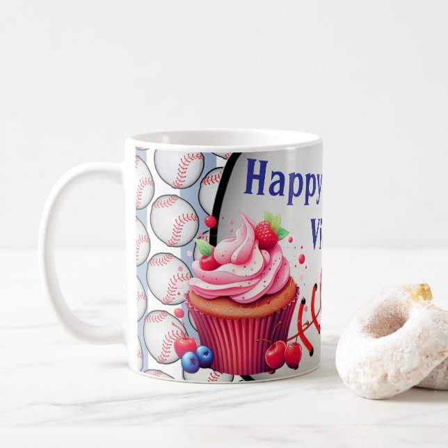 Happy Birthday Blue & White Stripe Baseball Coffee Mug (With Donut)