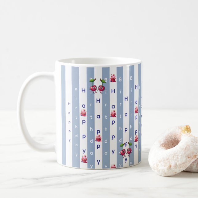 Happy Birthday Blue & White Stripe  Coffee Mug (With Donut)