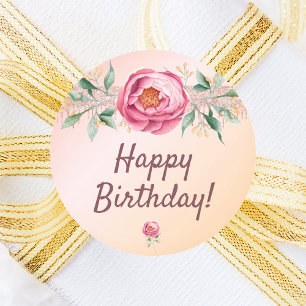 Happy Birthday blush pink rose gold floral Classic Round Sticker
