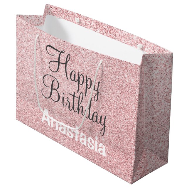 Happy Birthday Blush Pink Rose Gold Glitter Name Large Gift Bag (Front Angled)