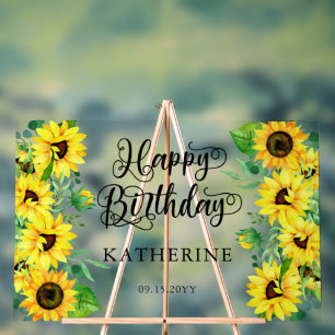Happy Birthday Boho Sunflowers   Eucalyptus Party Acrylic Sign