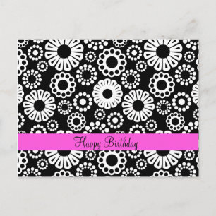 Happy Birthday Bold Black White Retro Flower  Postcard