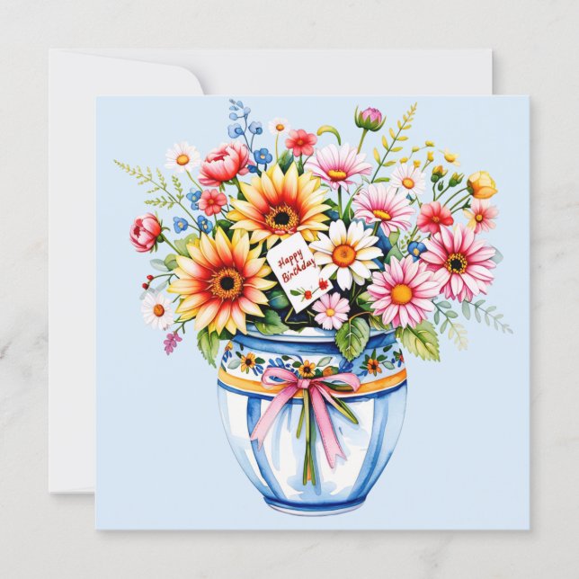 Happy birthday & bouquet of flowers  holiday card (Front)