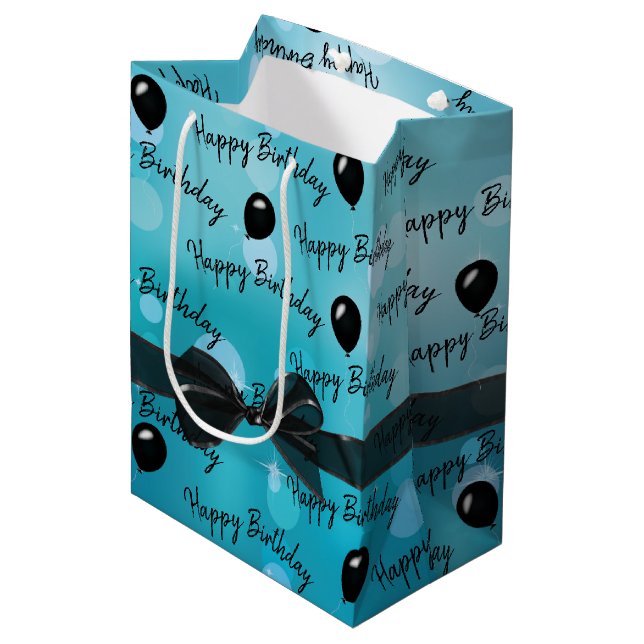 Happy Birthday Bow and Black Balloons Medium Gift Bag (Front Angled)