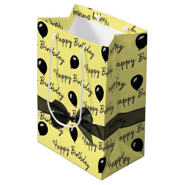 Happy Birthday Bow and Black Balloons Medium Gift Bag (Front Angled)