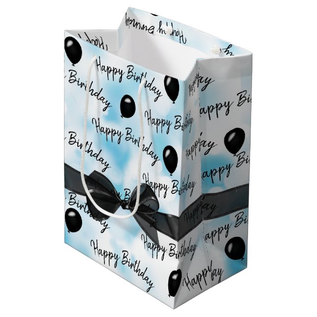 Happy Birthday Bow and Black Balloons  Medium Gift Bag (Front Angled)