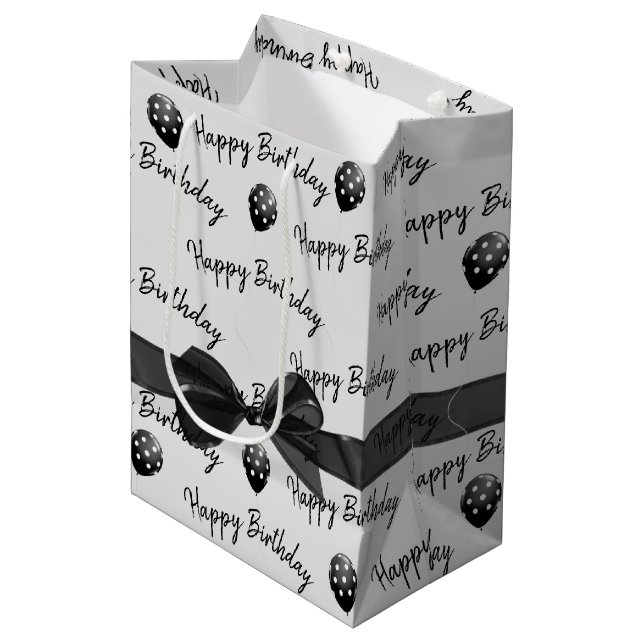 Happy Birthday Bow and Polka Dot Balloons  Medium Gift Bag (Front Angled)