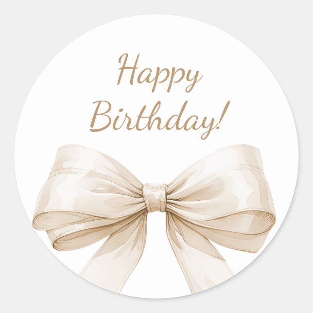 Happy Birthday Bow Ivory Beige elegant Classic Round Sticker (Front)