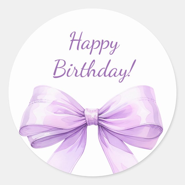 Happy Birthday Bow Lavender elegant Classic Round Sticker (Front)