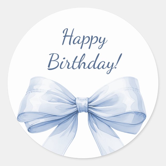 Happy Birthday Bow Light Blue elegant Classic Round Sticker (Front)