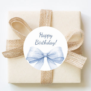 Happy Birthday Bow Light Blue elegant Classic Round Sticker