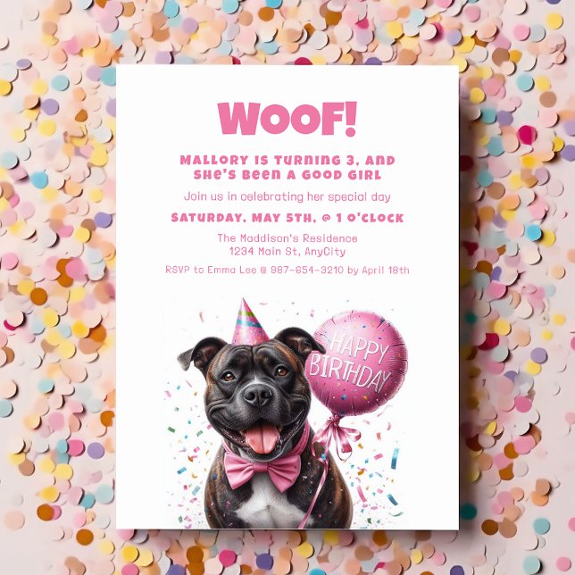 Happy Birthday Boxer with Pink Balloon Custom Invitation (Happy Birthday Boxer Dog wearing party hat for a Party Invitation Balloon with confetti)