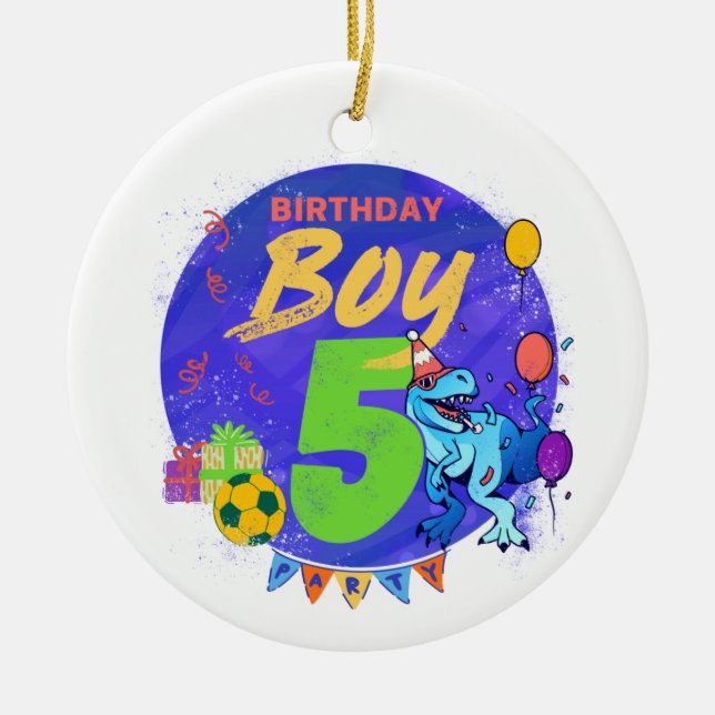 Happy Birthday Boy 5th Fifth Birthday Dinosaur Ceramic Ornament (Front)