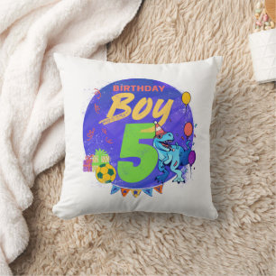 Happy Birthday Boy 5th Fifth Birthday Dinosaur Throw Pillow