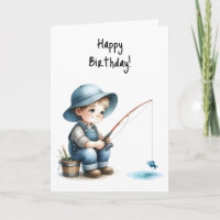 Happy Birthday Boy Fishing Pond Blue Hat Overalls