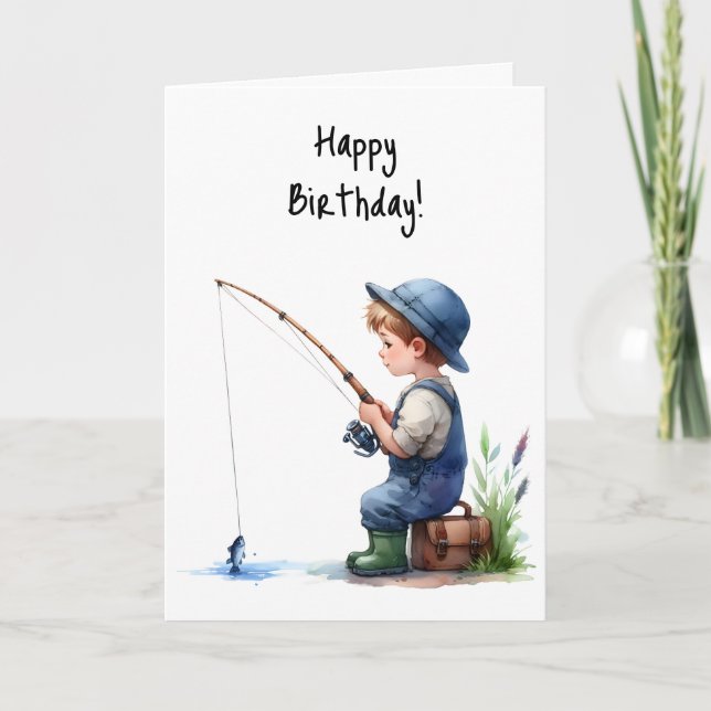 Happy Birthday Boy Fishing Pond Overalls Blue Hat Card (Front)