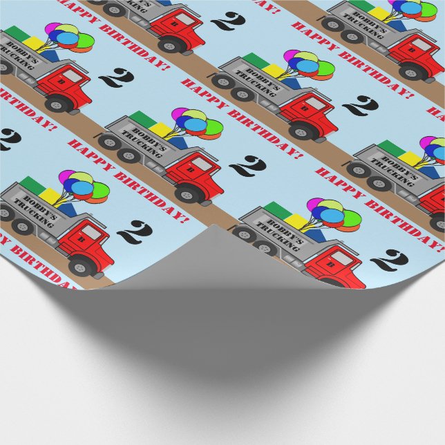 Happy Birthday Boys Truck Personalize Name Age Wrapping Paper (Corner)