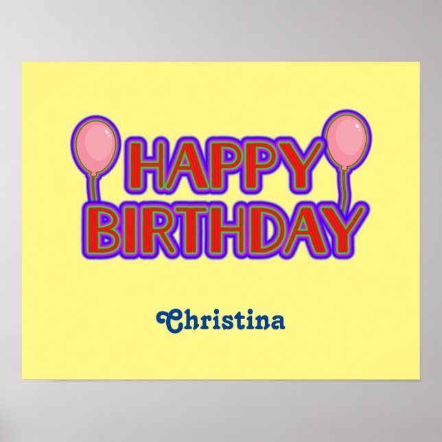 Happy Birthday Bright Outlined Text with Name Poster (Front)