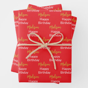 Happy Birthday Bright Red White Gold Script Name Wrapping Paper Sheet