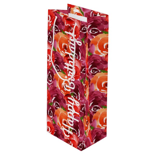 Happy Birthday Bright Watercolor Flowers Wine Gift Bag (Front Angled)