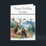 Happy Birthday Brother Nature Wildlife Card<br><div class="desc">Adventure vibes, coming right up! This Birthday Card was created for men who feel most alive in the great outdoors. With a digital watercolor design featuring a mighty deer buck and majestic grizzly bear There is an inside greeting that you can personalize to make it your own. (AI watercolor art...</div>