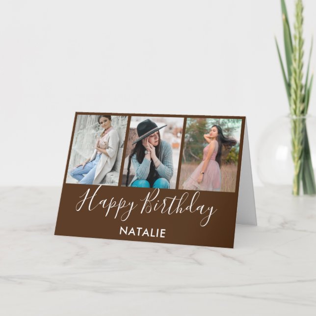 Happy Birthday Brown and White 3 Photo Collage Card (Front)