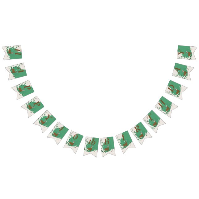 Happy Birthday Brown Deer in Snow by Pine Tree Bunting Flags (All)