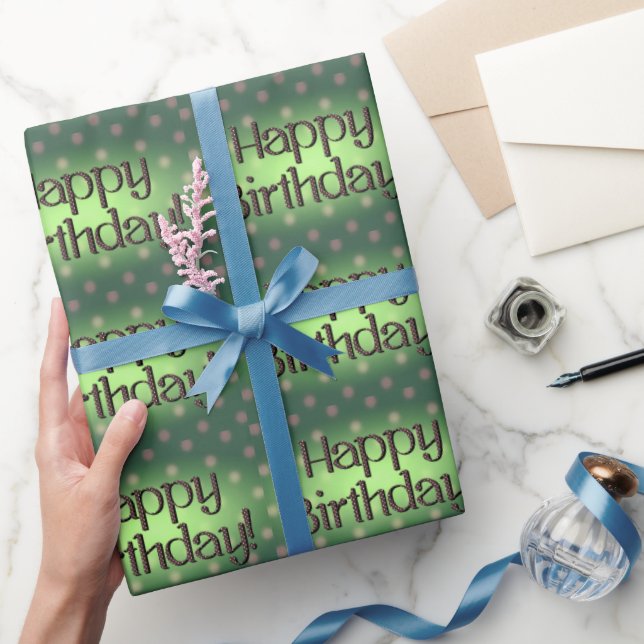 Happy Birthday Brown Polka Dot Text Green Bkgrd Wrapping Paper (Gifting)