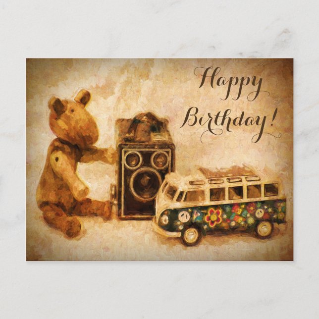 Happy Birthday brown wooden vintage toys Postcard (Front)
